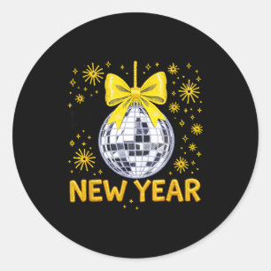 Happy New Year 2026 Golden Disco Ball Bow New Year Classic Round Sticker