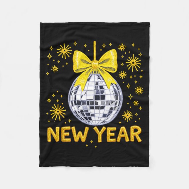 Happy New Year 2026 Golden Disco Ball Bow New Year Fleece Blanket (Front)