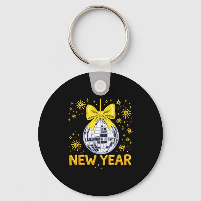 Happy New Year 2026 Golden Disco Ball Bow New Year Key Ring (Front)