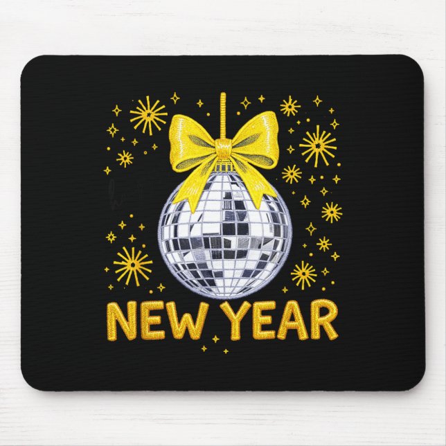 Happy New Year 2026 Golden Disco Ball Bow New Year Mouse Mat (Front)