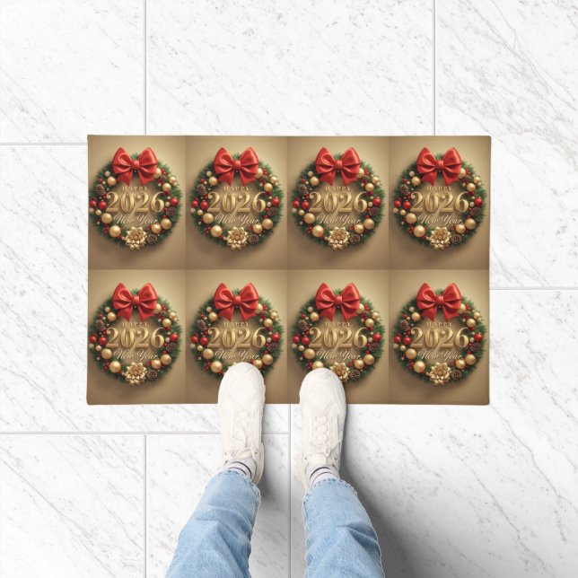 happy new year 2026 golden wreath door mat (Indoor)