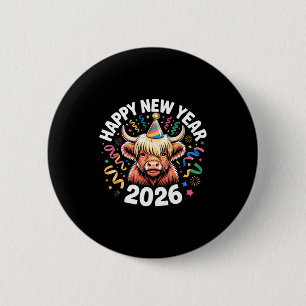 Happy New Year 2026 Highland Cow & Party Hat N 6 Cm Round Badge