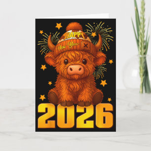 Happy New Year 2026 Highland Cow &amp; Party Hat N Card