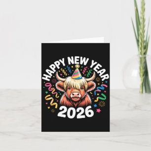 Happy New Year 2026 Highland Cow &amp; Party Hat N Card