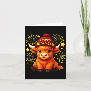 Happy New Year 2026 Highland Cow & Party Hat N Card