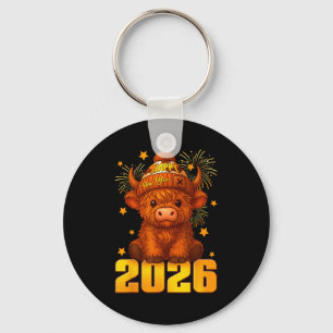 Happy New Year 2026 Highland Cow &amp; Party Hat N Key Ring