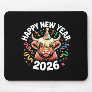 Happy New Year 2026 Highland Cow &amp; Party Hat N Mouse Mat