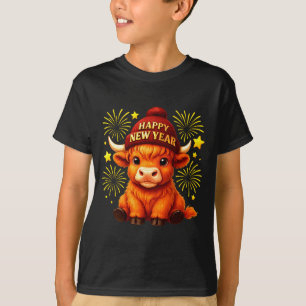 Happy New Year 2026 Highland Cow & Party Hat N T-Shirt