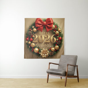 happy new year 2026 luxury wreath party backdrop tapestry