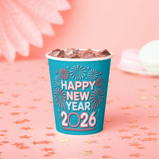 Happy New Year 2026 Neon Countdown Paper Cups