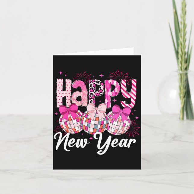 Happy New Year 2026 Nk Coquette Bow Disco Ball Fir Card (Front)