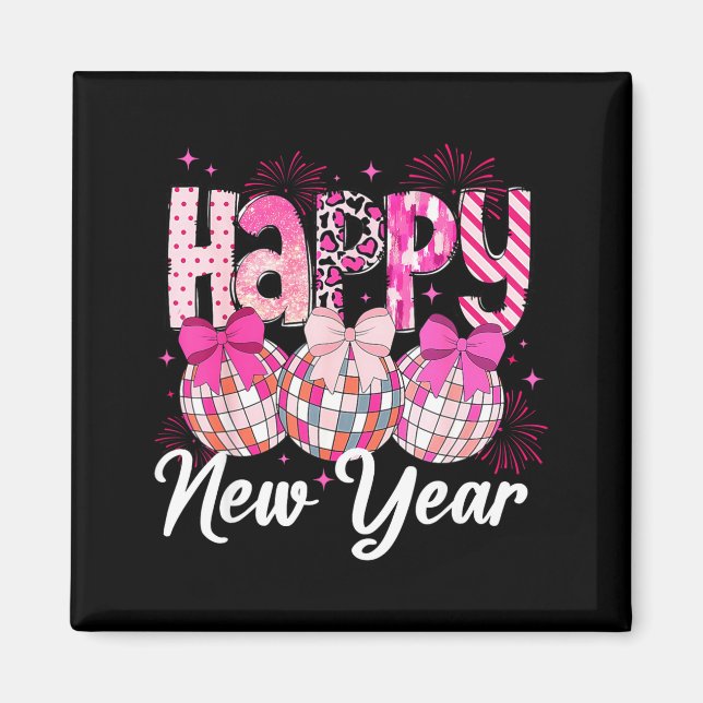 Happy New Year 2026 Nk Coquette Bow Disco Ball Fir Magnet (Front)