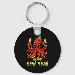 Happy New Year 2026 Octopus Drinking Champagne New Key Ring