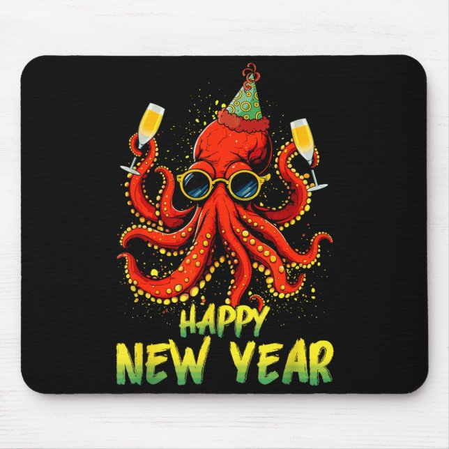 Happy New Year 2026 Octopus Drinking Champagne New Mouse Mat (Front)