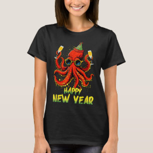 Happy New Year 2026 Octopus Drinking Champagne New T-Shirt