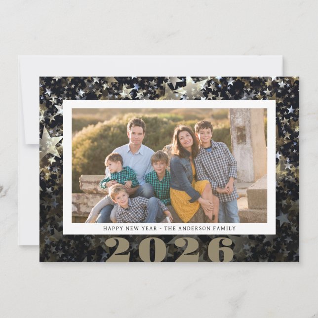 Happy New Year 2026 Photo Star Confetti Holiday Card (Front)