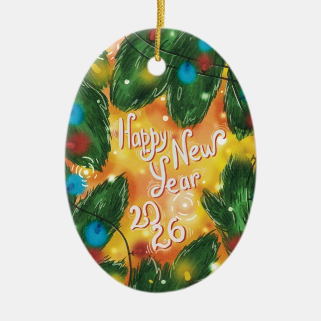 Happy New Year 2026 Pine Branches & Lights Ceramic Tree Decoration (Front)