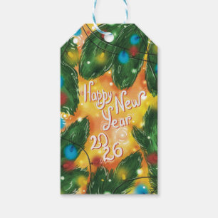 Happy New Year 2026 Pine Branches & Lights Gift Tags