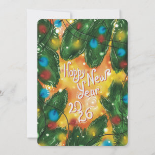 Happy New Year 2026 Pine Branches & Lights Holiday Card