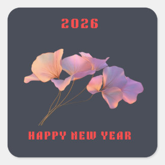 Happy New Year 2026 Pink Lotus Flower Illustration Square Sticker