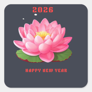 Happy New Year 2026 Pink Lotus Flower Illustration Square Sticker