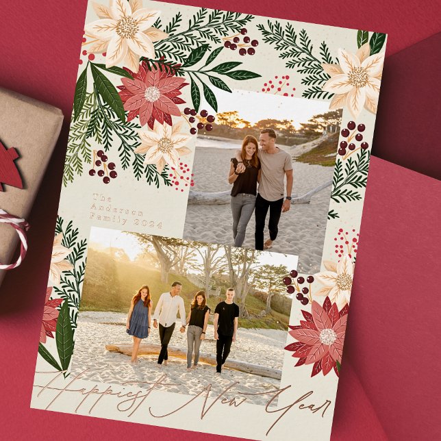 Happy New Year 2026 Poinsettia Multi Photo  Foil Holiday Card (Creator Uploaded)