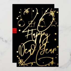 Happy New Year 2026, red ribbon Foil Holiday Card