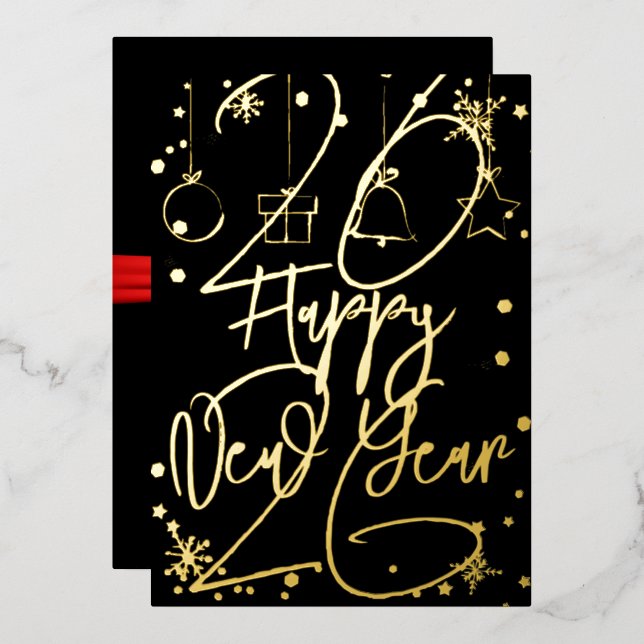 Happy New Year 2026, red ribbon Foil Holiday Card (Front/Back)