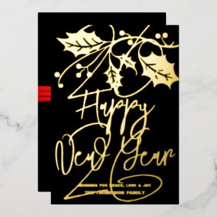 Happy New Year 2026, red ribbon Foil Holiday Card