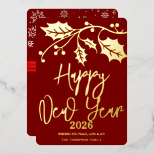 Happy New Year 2026, red ribbon Foil Holiday Card