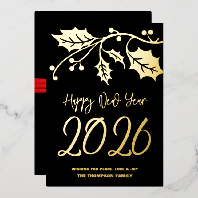 Happy New Year 2026, red ribbon Foil Holiday Card (Front/Back)