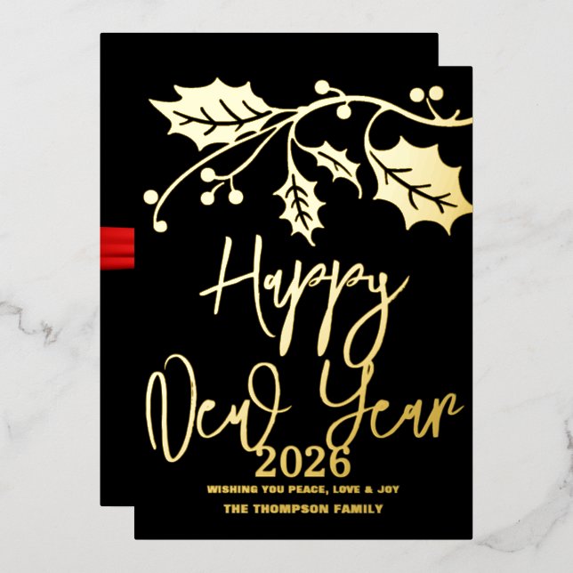 Happy New Year 2026, red ribbon Foil Holiday Card (Front/Back)