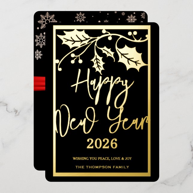 Happy New Year 2026, red ribbon Foil Holiday Card (Front/Back)
