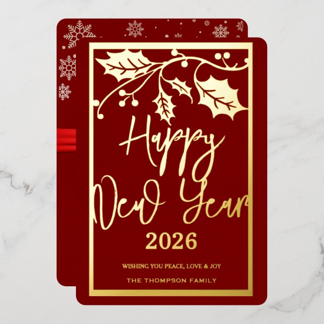 Happy New Year 2026, red ribbon Foil Holiday Card (Front/Back)