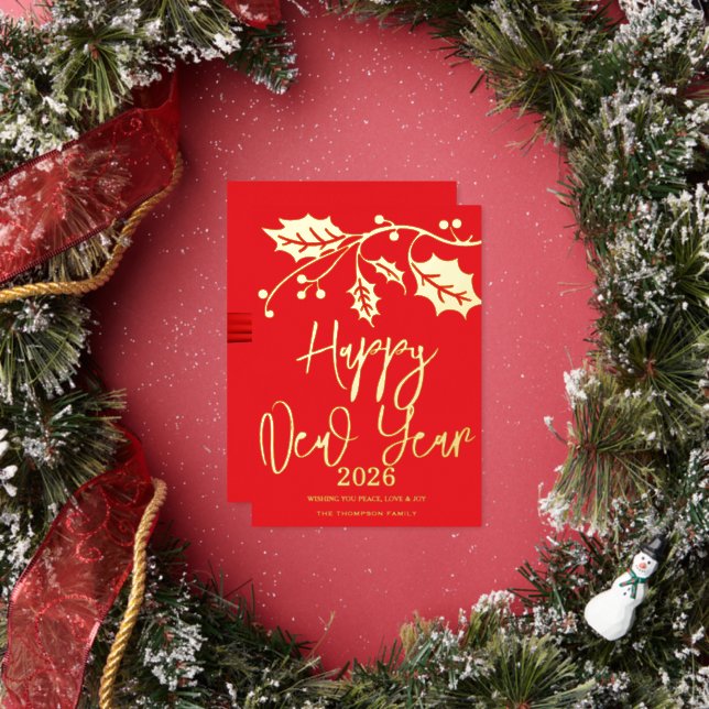 Happy New Year 2026, red ribbon Foil Holiday Card (Insitu)