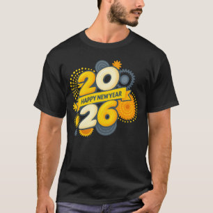 Happy New Year 2026 Retro Gear Burst Tee