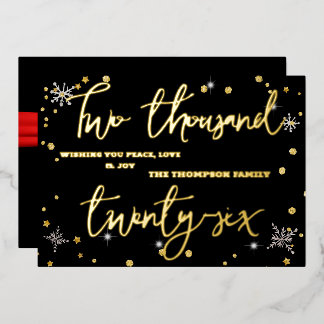 Happy New Year 2026 Retro Red Ribbon Foil Holiday Card