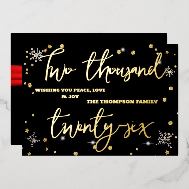 Happy New Year 2026 Retro Red Ribbon Foil Holiday Card (Front/Back)