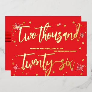 Happy New Year 2026 Retro Red Ribbon Foil Holiday Card
