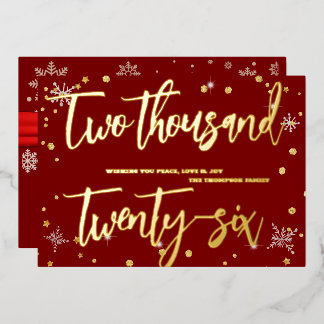 Happy New Year 2026 Retro Red Ribbon Foil Holiday Card