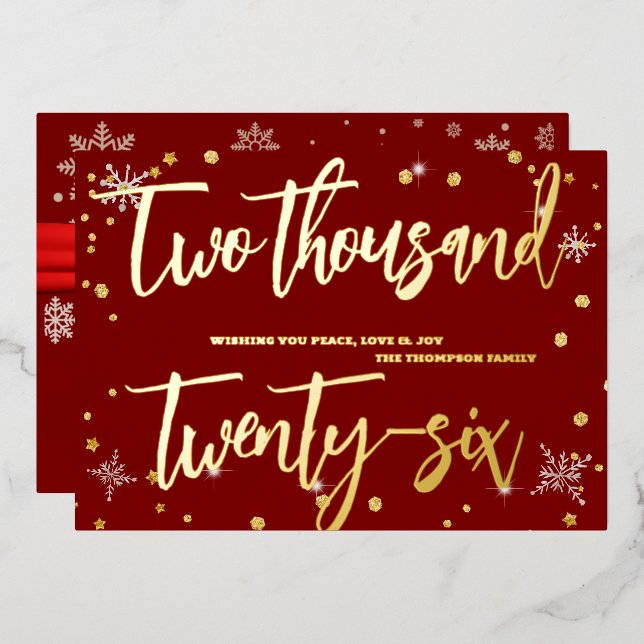 Happy New Year 2026 Retro Red Ribbon Foil Holiday Card (Front/Back)