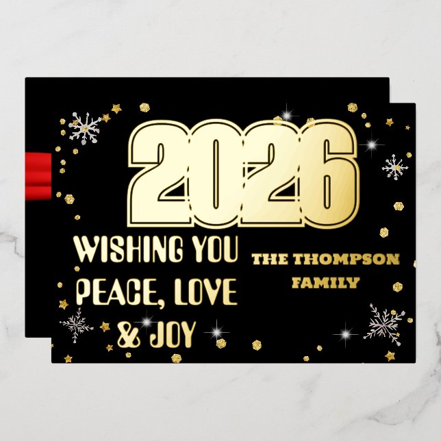 Happy New Year 2026 Retro Red Ribbon Foil Holiday Card (Front/Back)