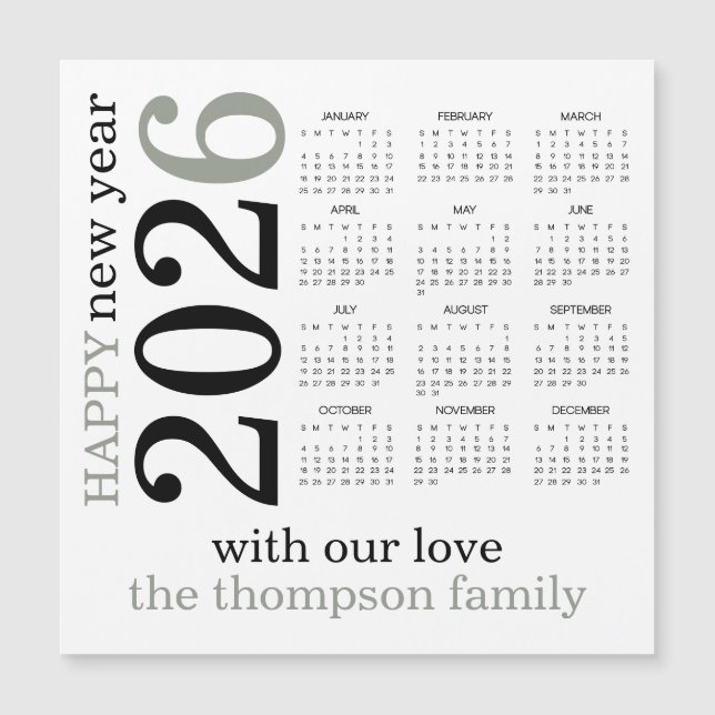 Happy New Year 2026 Sage Green White Calendar  (Front)
