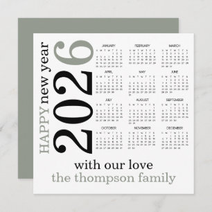Happy New Year 2026 Sage White Calendar Holiday Card