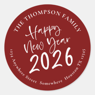 Happy New Year 2026 Script Return Address Burgundy Classic Round Sticker