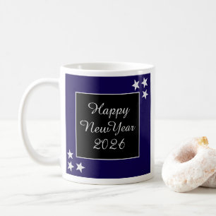 Happy New Year 2026 Silver Stars Black and Blue Coffee Mug