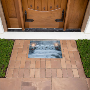happy new year 2026 snowy candle doormat
