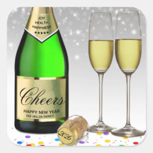 Happy New Year 2026 Wine Sparkling Bottle Square Sticker