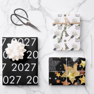 Happy New Year 2027 Black White Gold Confetti Wrapping Paper Sheet