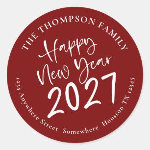 Happy New Year 2027 Script Return Address Burgundy Classic Round Sticker
